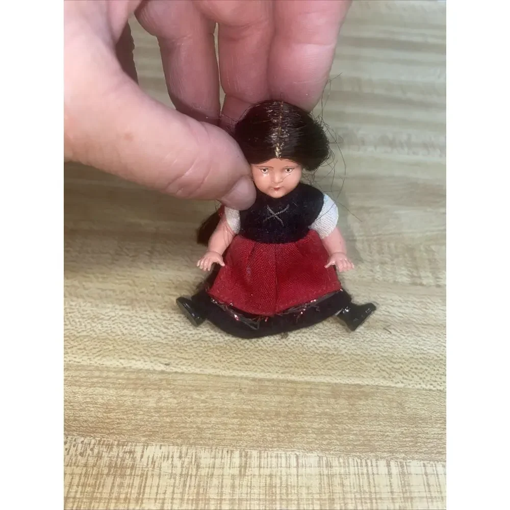 Vintage 1950s Hard Plastic Ethnic German Mini Girl Doll 3.25” Tall